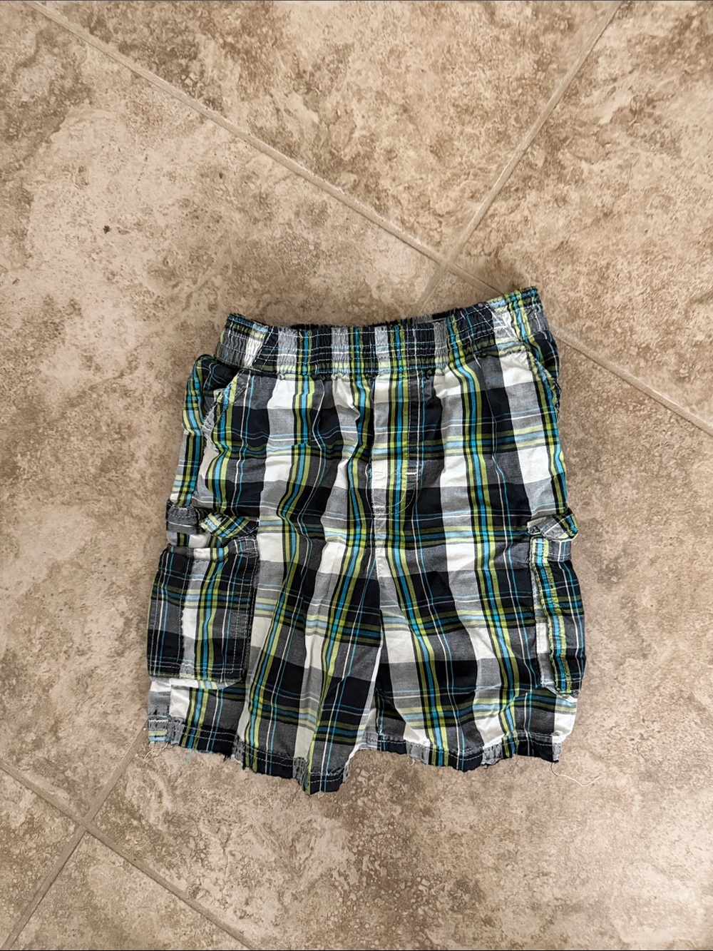 Garanimals Black White & Green Plaid Cargo Shorts with Yellow Accents